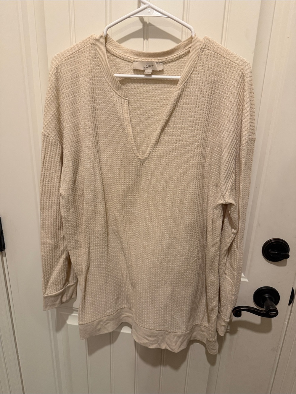 LOFT Cream Waffle V-Neck Pullover Sweater